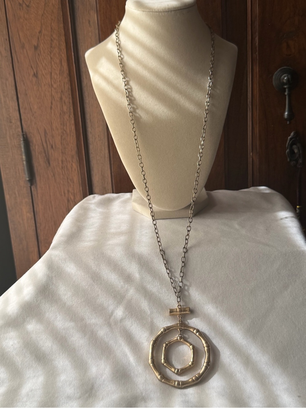 Pomina Bamboo Circle Pendant Necklace Mixed Metal Long Chain Statement Necklace